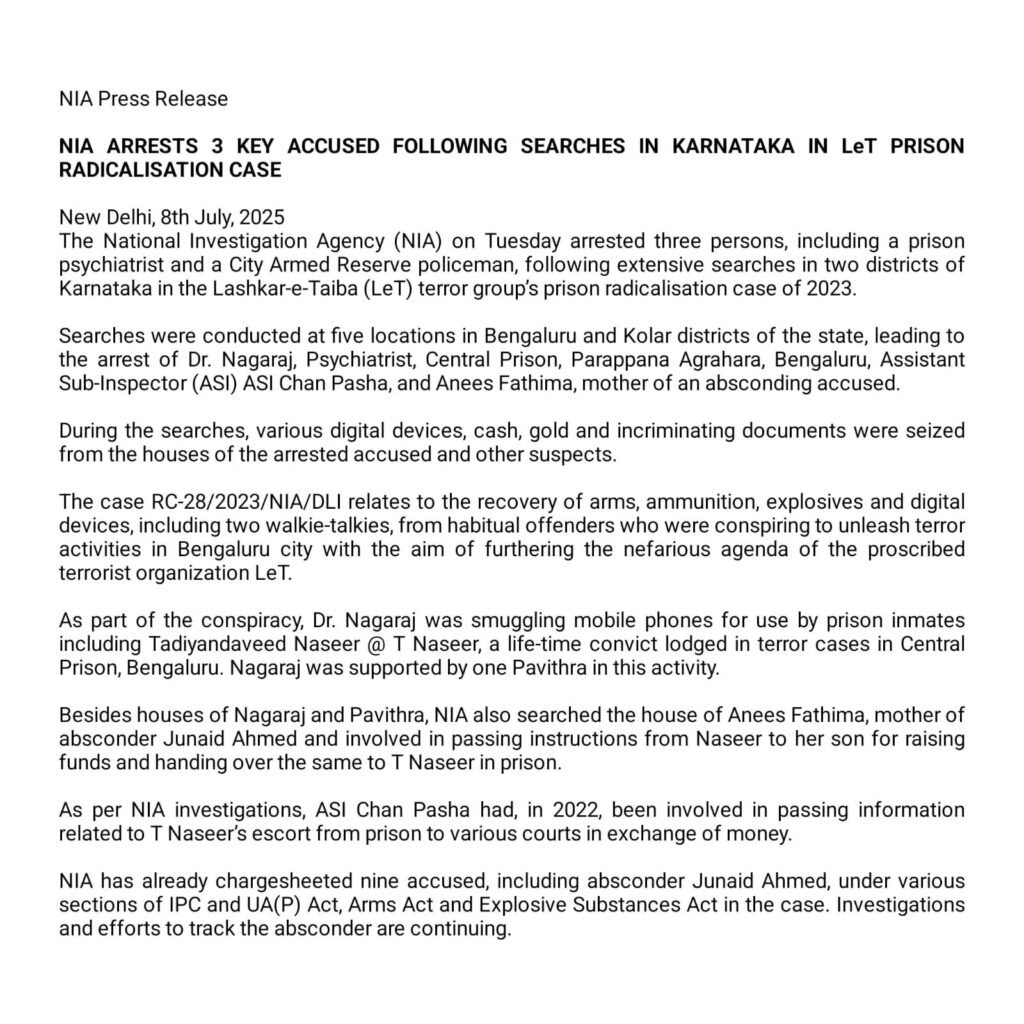 NIA Cracks LeT Radicalisation Case in Karnataka: Psychiatrist, Policeman, and Woman Arrested