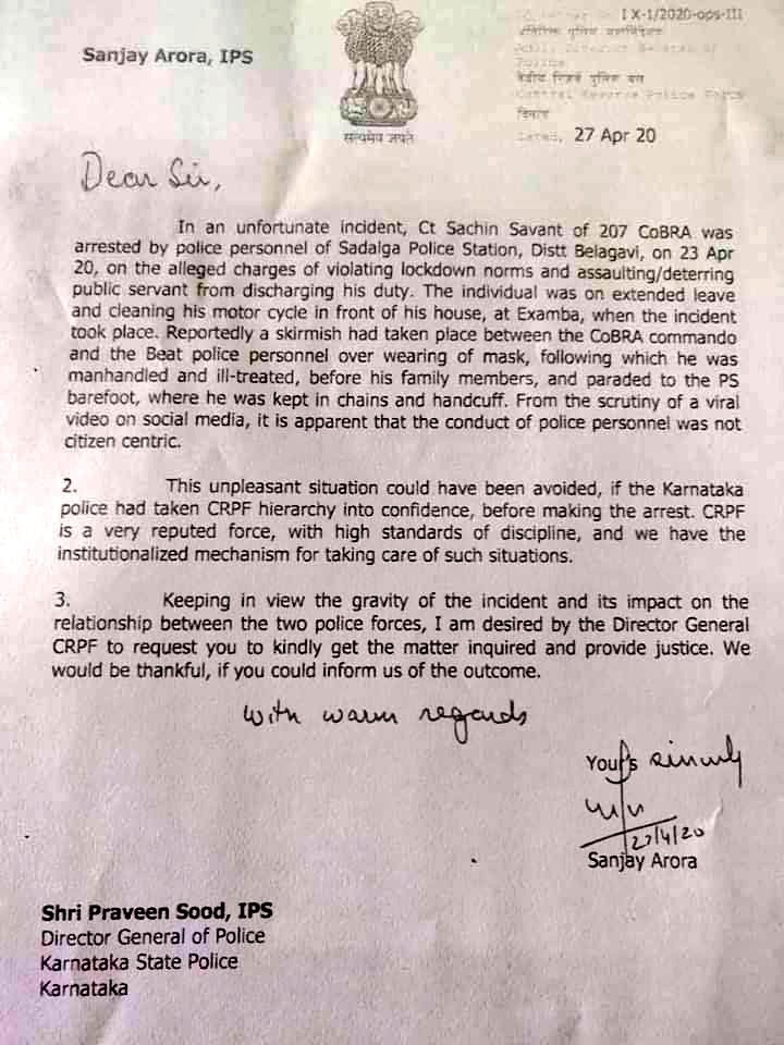 CRPF seeks K'taka DGP's intervention to probe 'manhandling, handcuffing' of commando by cops 2