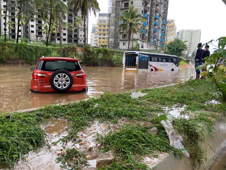 Retaining wall breached, Vrishabhavathi river flows onto road