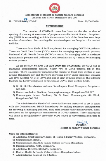 Koramangala Indoor Stadium, Sri Sri Ravishankar Ashram, Kanteerava Indoor Stadium will cater to asymptomatic cases 2