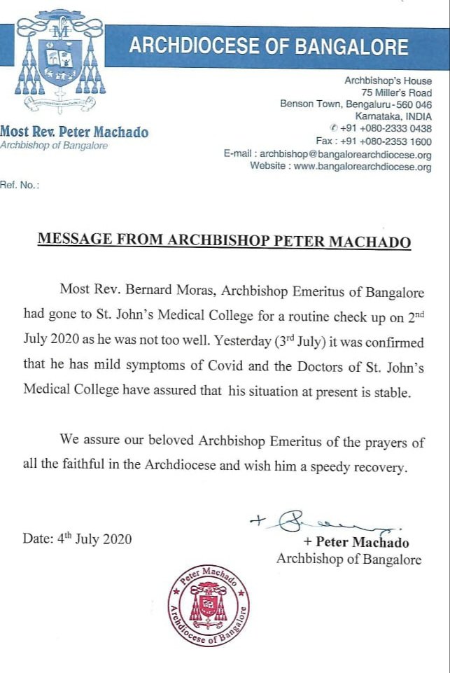 Former Archbishop Bernard Moras tests Covid-positive 2