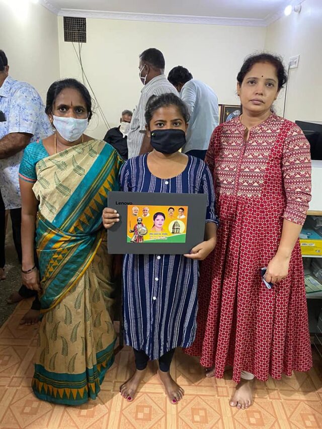 BJP corporator Mamatha Vasudev who is also chairman for standing committee on Accounts distributed laptops to needy students in her wards on Monday.