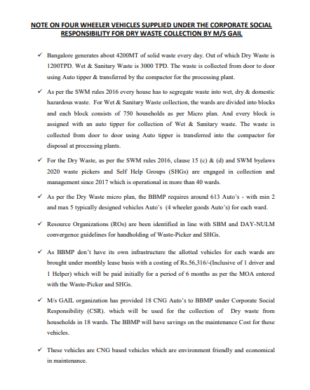 GAIL provides 18 CNG vehicles for Bengaluru waste collection Vehicles run on CNG & petrol