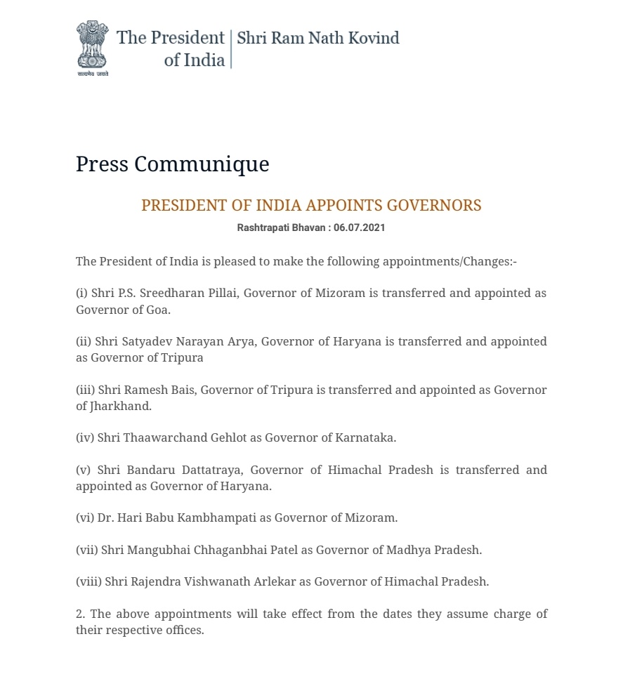Union Minister Thawarchand Gehlot Appointed as Karnataka's Governor1