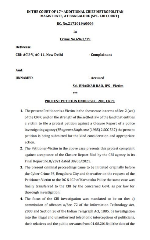 ADGP Bhaskar Rao files protest petition against CBI closure report in phone tapping case