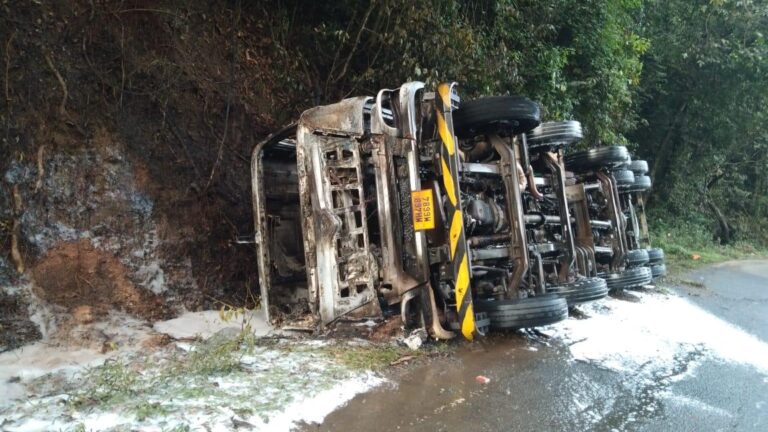 Chemical tanker topples over at Arbali Ghat in Uttara Kannada