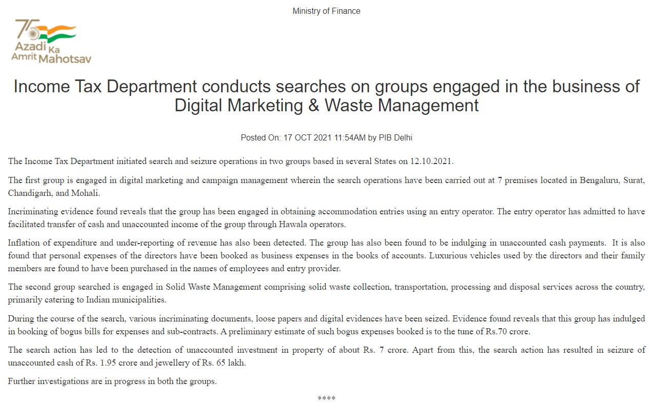Tax raids on digital marketing group with Bengaluru office show hawala transfers