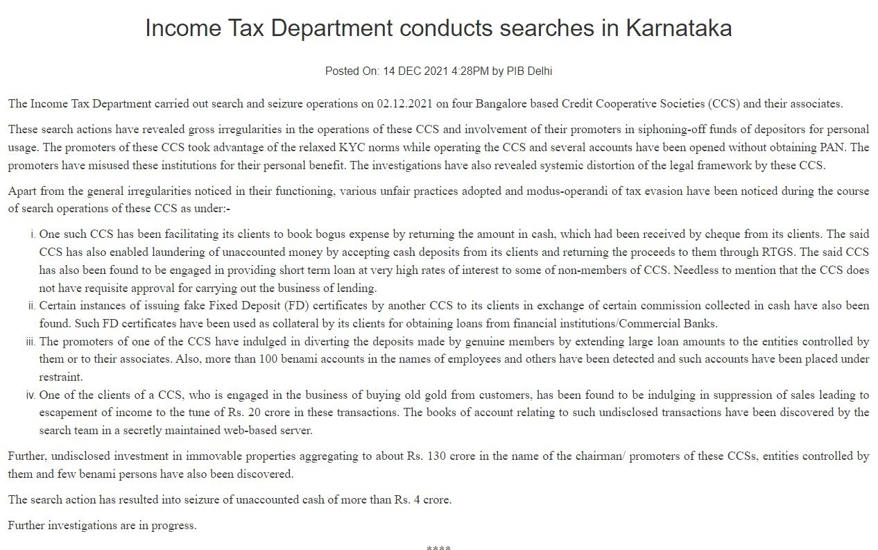 IT Dept detects gross irregularities, funds diversion after raids on Bengaluru credit coop societies