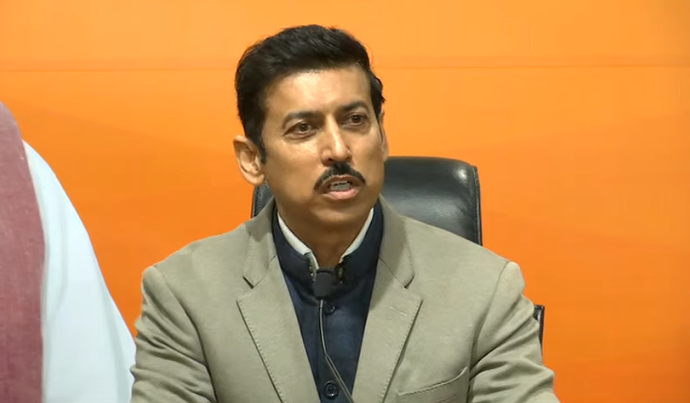 Rajvardhan Singh Rathore addressing presser at BJP headquarters