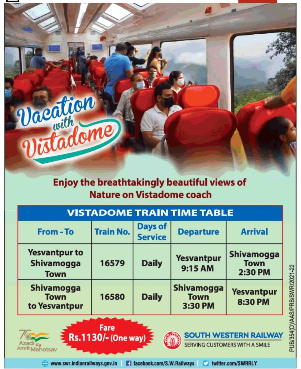 South Western Railway introduced Vistadome coach between Bengaluru-Shivamogga