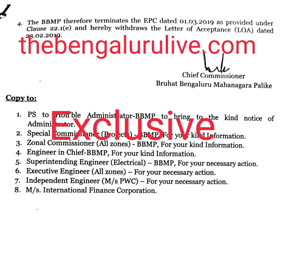 BBMP chief follows up on CM's warning, terminates LED street light contract with Shapoorji Pallonji-led consortium