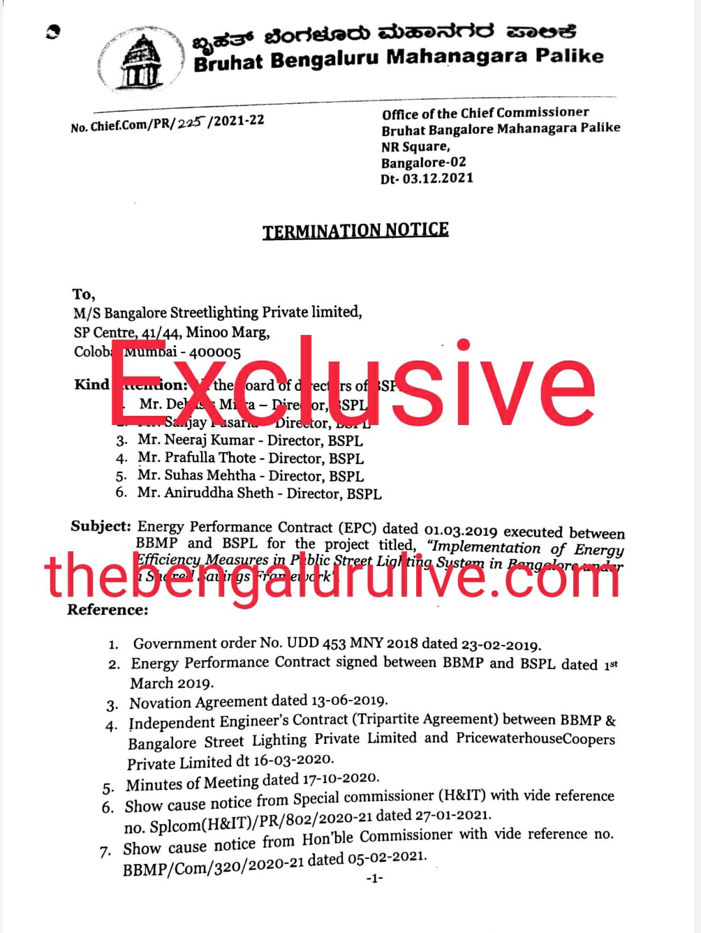 BBMP chief follows up on CM's warning, terminates LED street light contract with Shapoorji Pallonji-led consortium