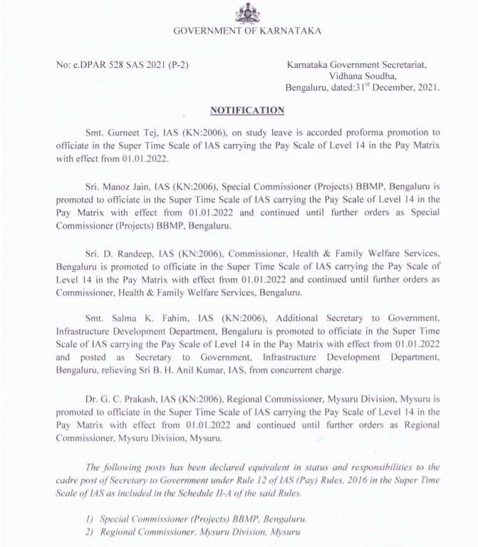 IAS officers Gurneet Tej, Manoz Jain, D Randeep, Salma Fahim and Dr GC Prakash promoted as Secretaries in Karnataka government