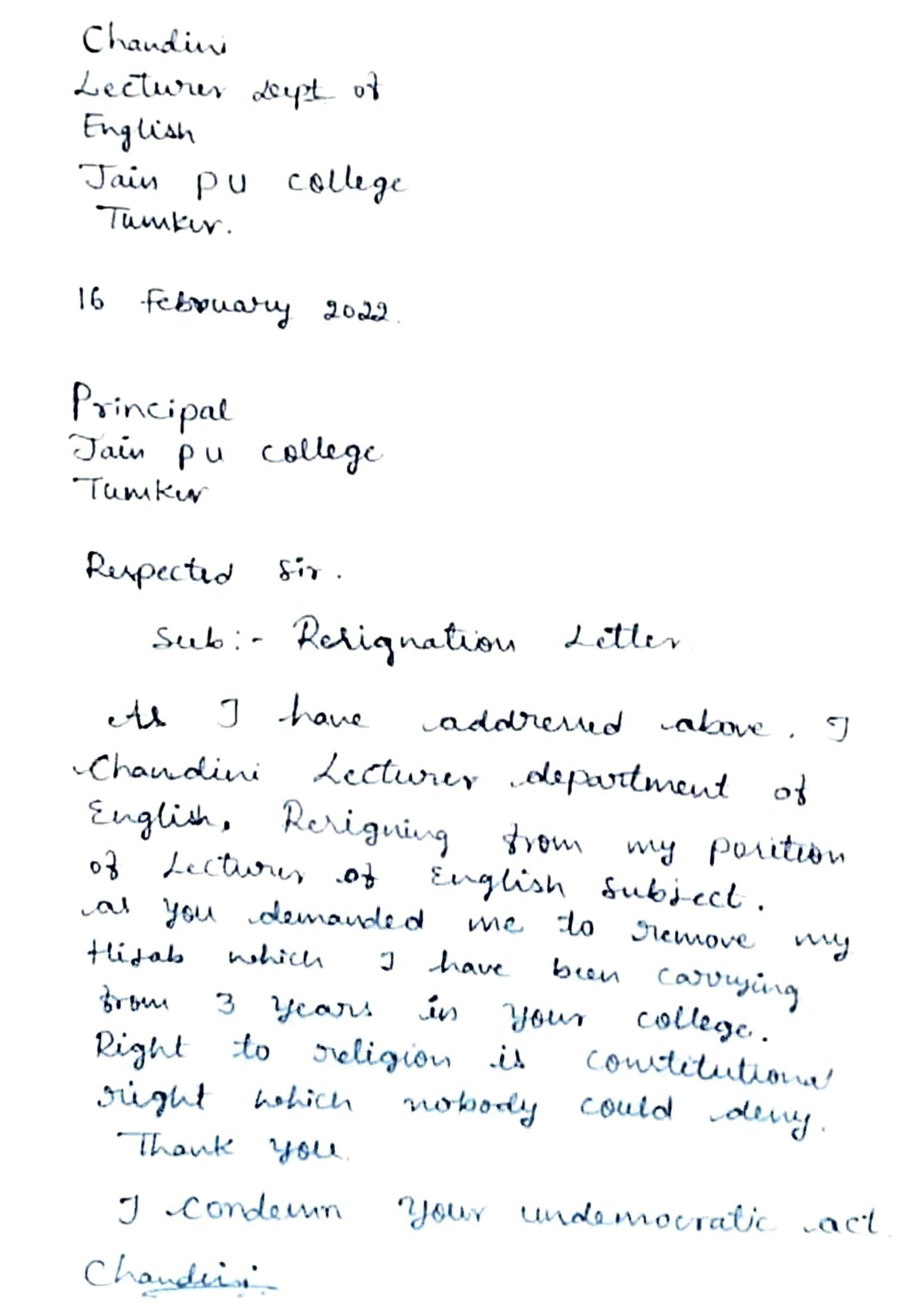 Guest lecturer Chandini in Karnataka resigns over alleged denial to wear hijab1