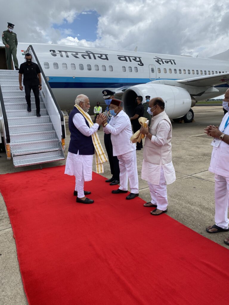 Prime Minister Narendra Modi arrived here on Monday on a two-day visit to Karnataka, during which he will be participating in a series of events in the city and Mysuru, and inaugurate or lay foundation for various developmental works.