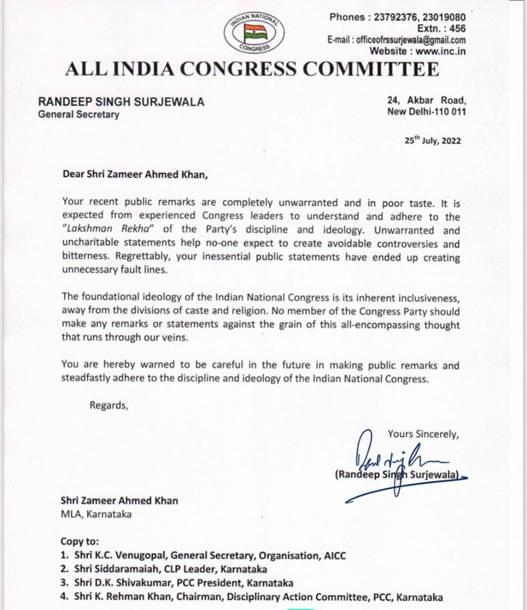 AICC general secretary in-charge of Karnataka Randeep Singh Surjewala letter to Zameer Ahmed Khan