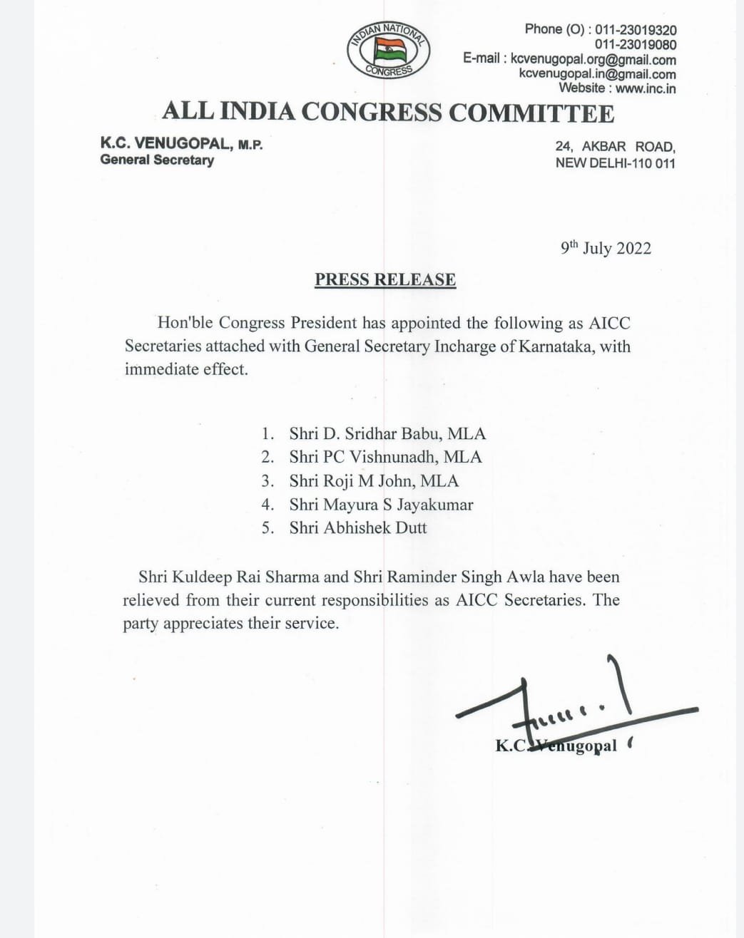 Cong sets up political affairs committee for Karnataka, names 5 AICC secretaries