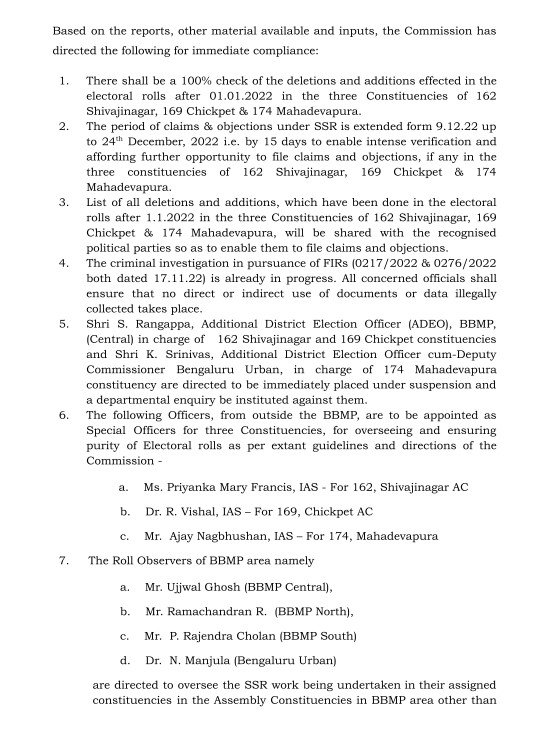 EC suspends two IAS officials in Karnataka amid allegations of voter fraud 3 The poll panel also ordered a departmental enquiry against additional district election officers S Rangappa (in-charge of the Shivajinagar and Chickpet constituencies) and K Srinivas (in-charge of the Mahadevapura constituency).