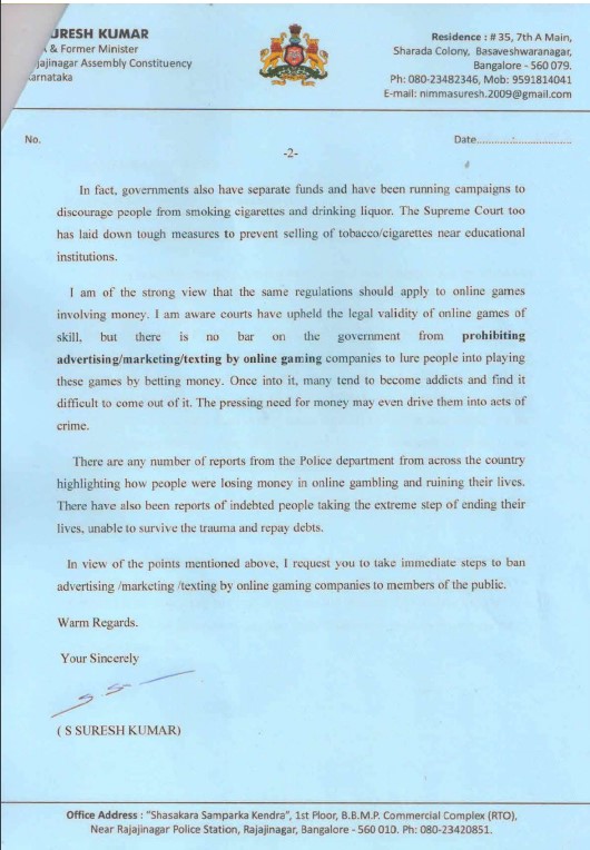 BJP legislator Suresh Kumar has written to Union Finance Minister Nirmala Sitharaman requesting her to take immediate steps to ban advertising, marketing, and texting by online gaming companies.
