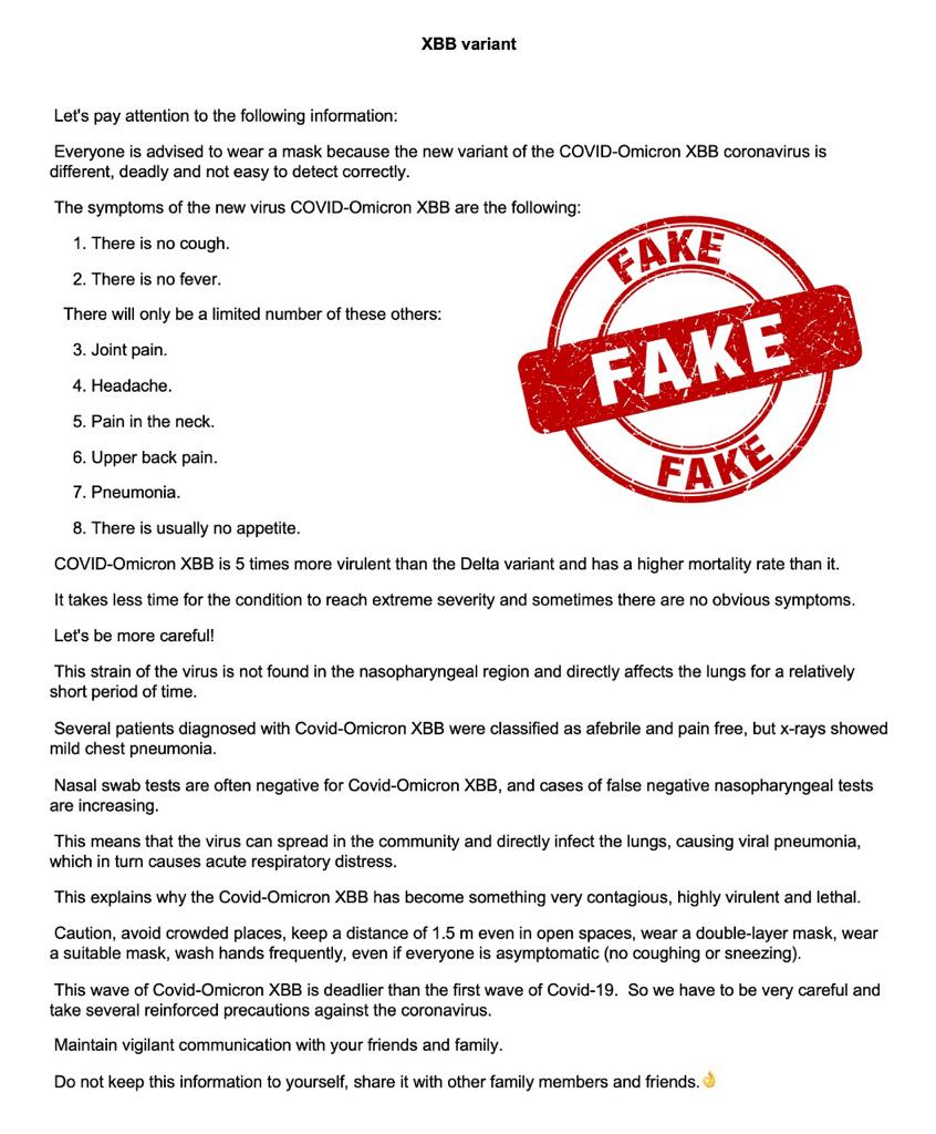 Message circulating on XBB variant of COVID-19 fake, says health ministry