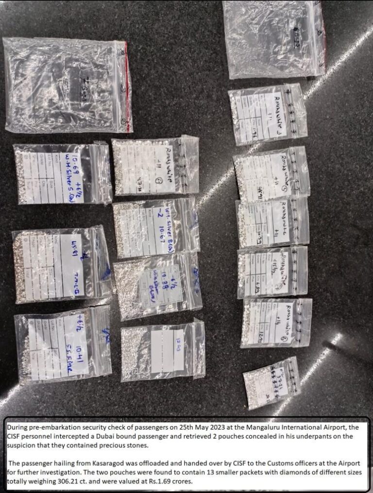 Diamonds worth Rs 1.69 cr seized at Mangaluru International Airport