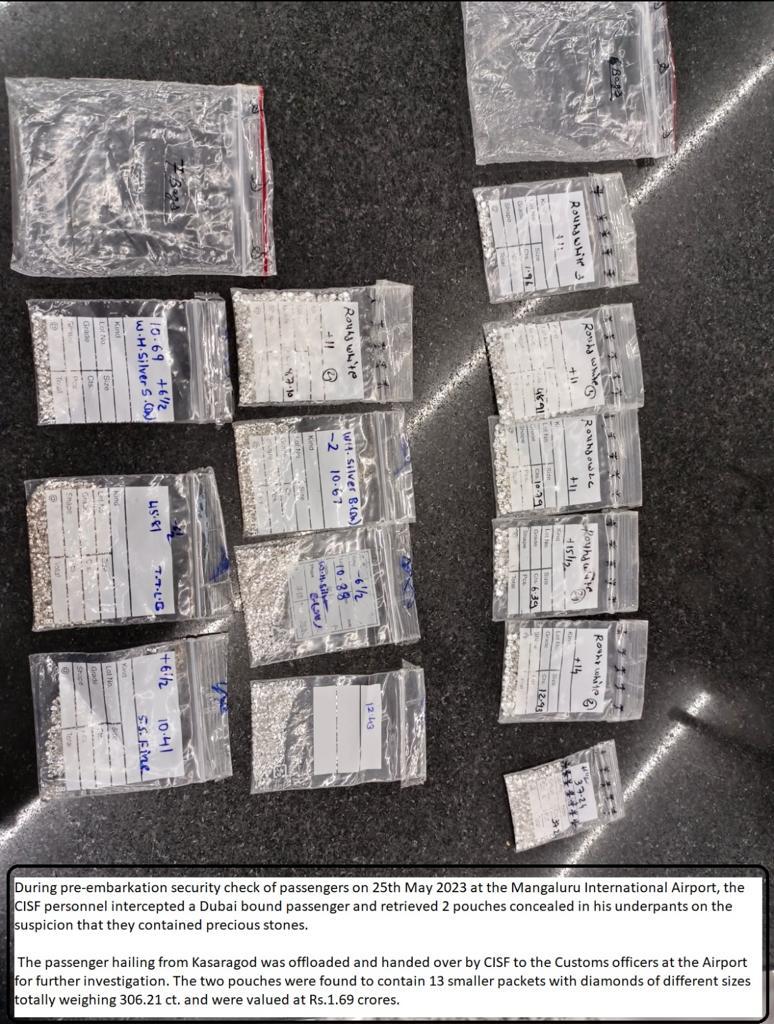 Diamonds worth Rs 1.69 cr seized at Mangaluru International Airport