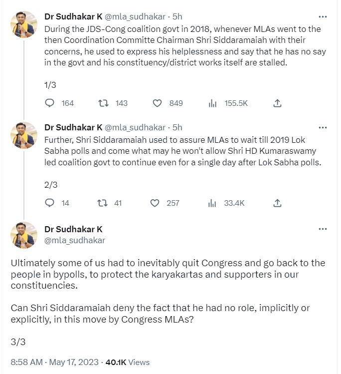 Siddaramaiah assured MLAs to bring down Kumaraswamy-led govt in Karantaka after 2019 LS polls, alleges Ex-Minister Sudhakar
