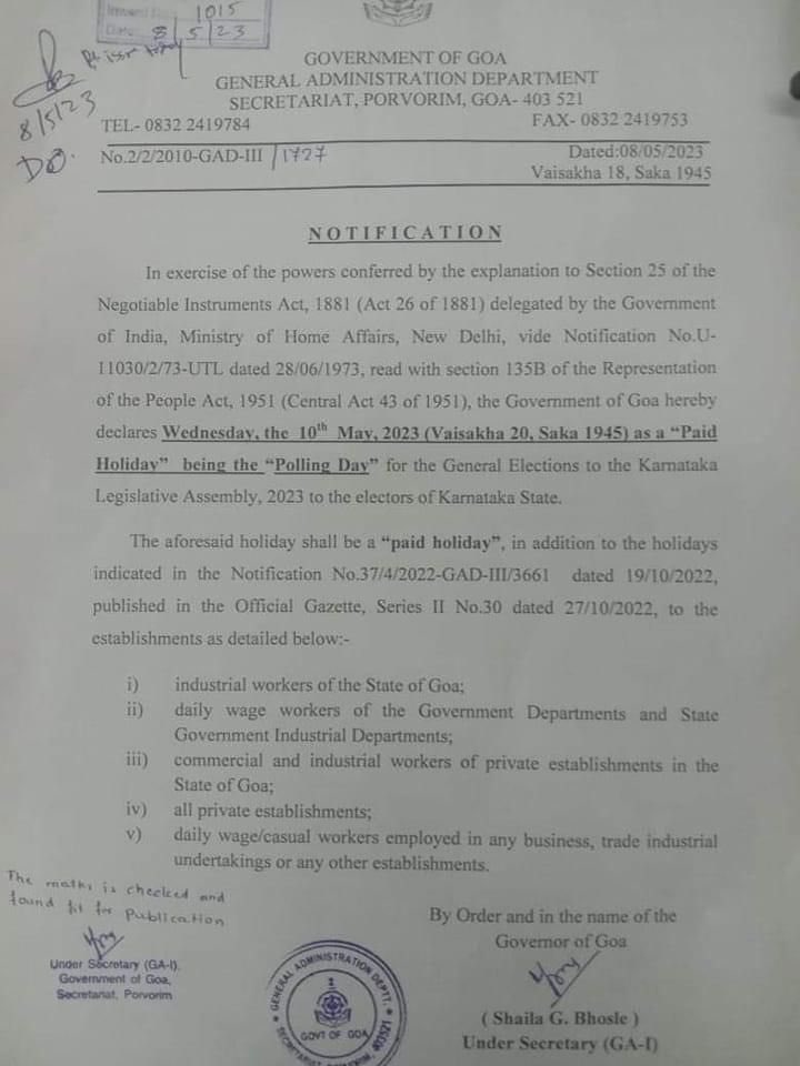 Goa govt announces paid holiday on Karnataka election day; Opposition and industry bodies fume