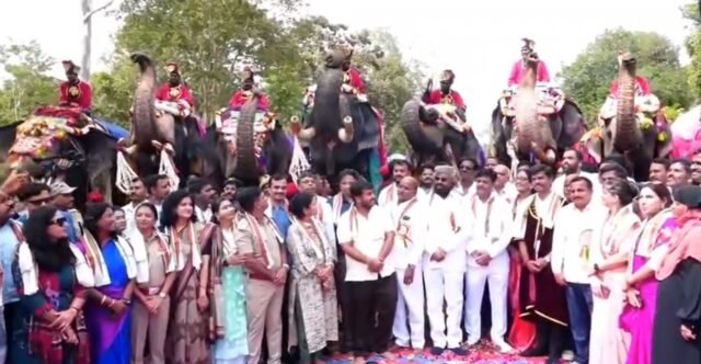 Minister Mahadevappa leads elephant procession for Mysuru Dasara preparations
