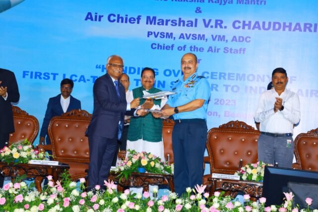 Raksha Rajya Mantri Shri Ajay Bhatt hands over Twin seater LCA Tejas to Indian Air Force