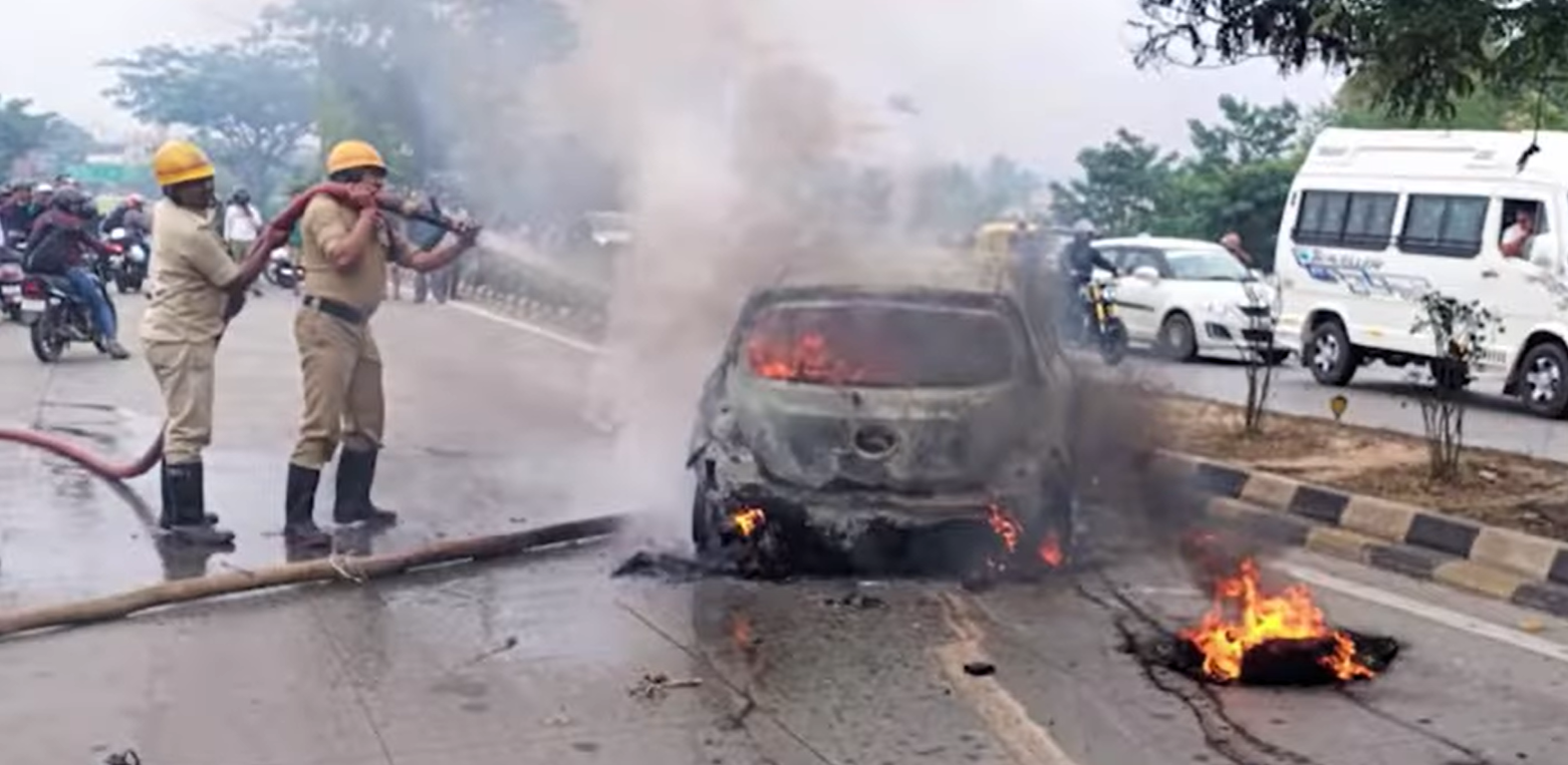 Bengaluru | Car Collides with BMTC Bus and Ignites Fire