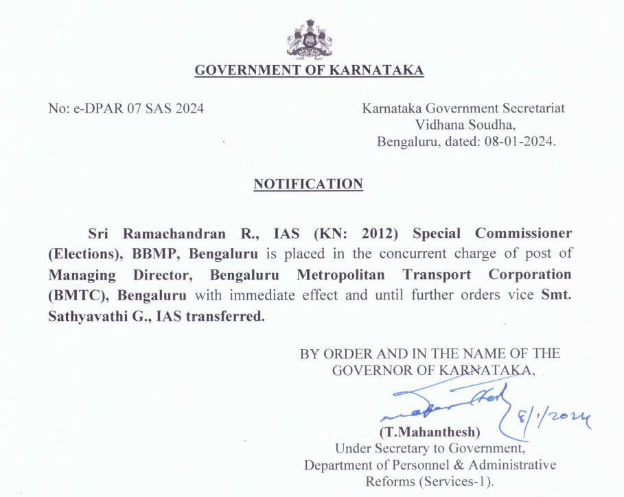 Shakeup at BMTC: G Sathyavathi Out, Ramachandran R In
