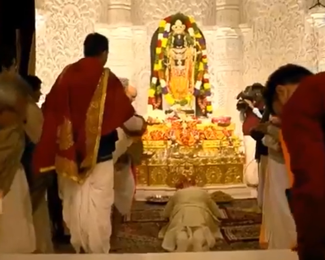 Prime Minister Modi offers 'dandavat pranam' to Lord Ram at new Ayodhya temple after consecration ceremony.