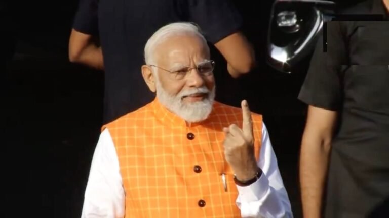 PM Modi votes at polling booth in Gandhinagar Lok Sabha constituency