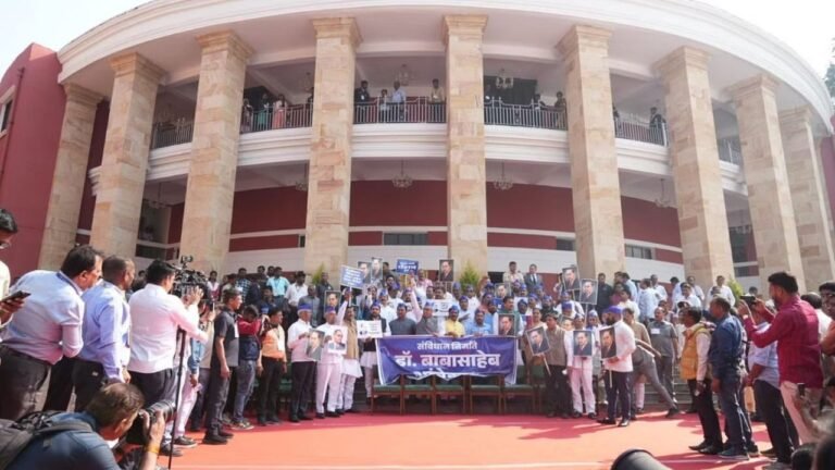 Cong members put Ambedkar’s photos on their desks in Maharashtra assembly