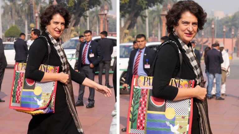 Days after meeting Palestinian envoy, Priyanka carries bag emblazoned with ‘Palestine’ to Parliament
