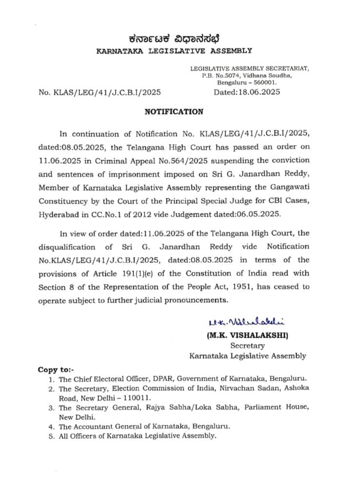 G. Janardhan Reddy’s Disqualification Revoked Following Telangana High Court Suspension of Conviction