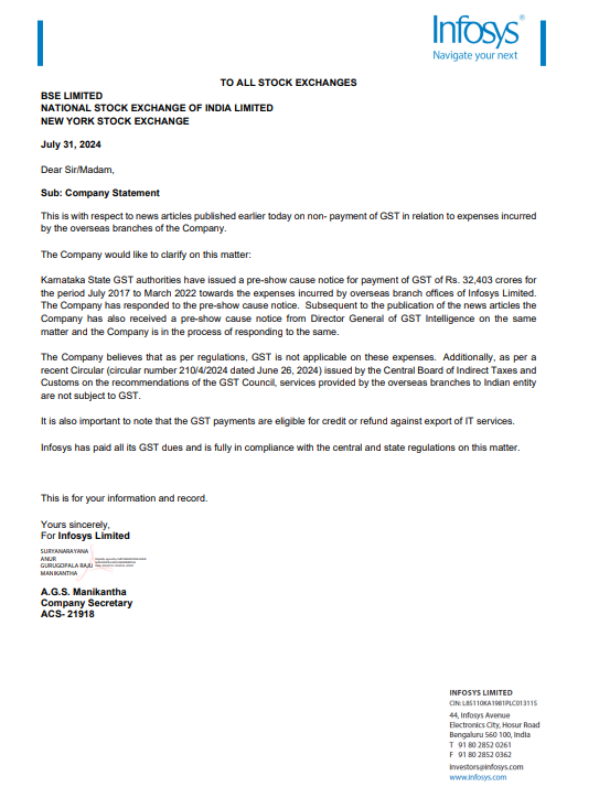 Infosys GST July 31, 2024 notice