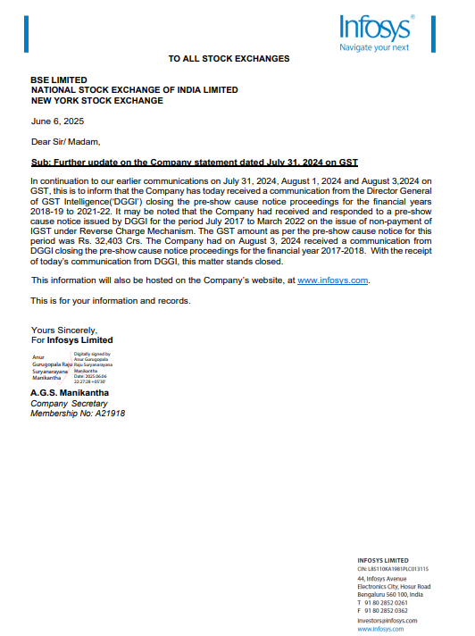 Karnataka: Infosys Announces Closure of DGGI GST Proceedings, Insights into the ₹32,403 Crore Matter