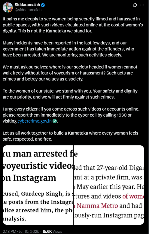 Karnataka Will Not Tolerate Voyeurism, Harassment of Women — CM Siddaramaiah Warns Offenders, Urges Public Vigilance
