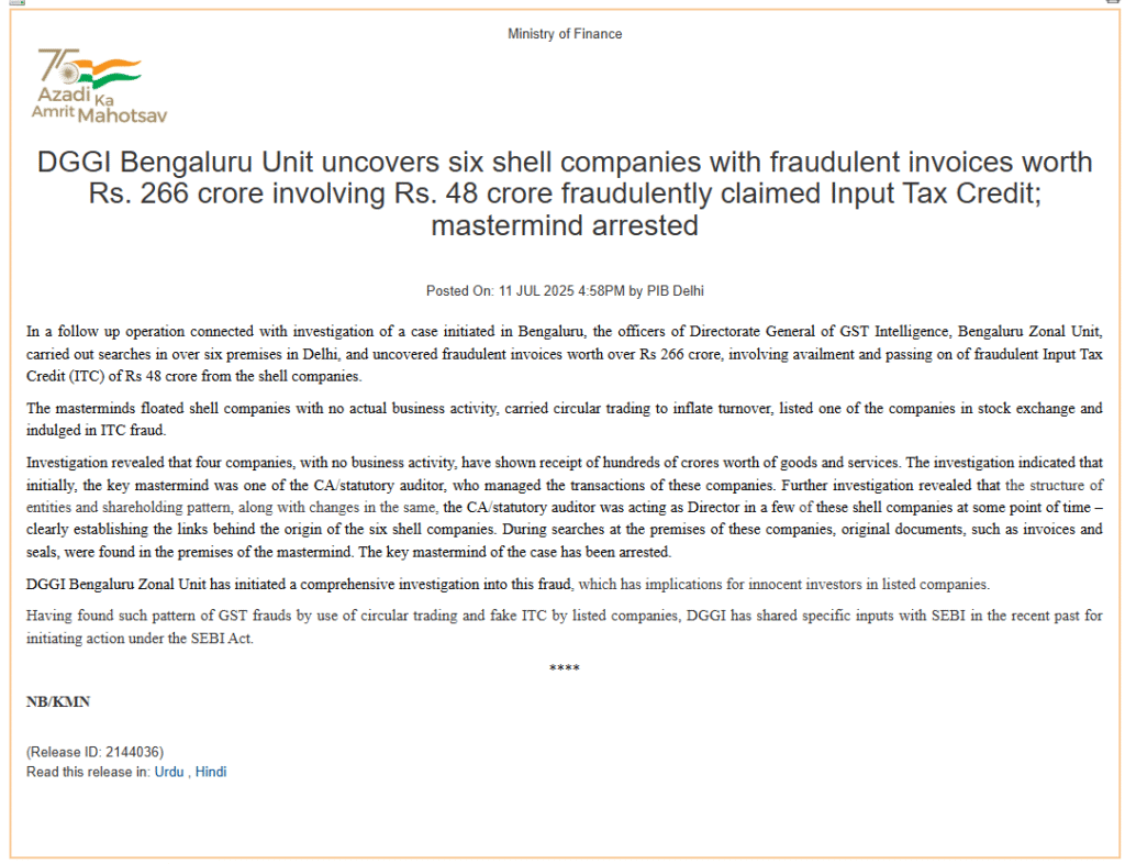 ₹266 Cr GST Fraud Uncovered by DGGI Bengaluru; ₹48 Cr Fake ITC Scam Linked to Delhi Shell Firms