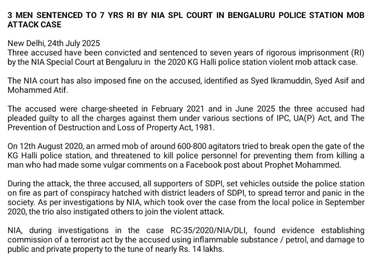 Three SDPI Supporters Get 7-Year Rigorous Imprisonment for 2020 KG Halli Mob Attack, NIA Establishes Terror Conspiracy