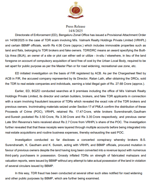 ED Attaches ₹4.06 Crore Assets in Bengaluru TDR Scam Involving Valmark Realty, BBMP Officials, and Brokers; Illegal Gains Touched ₹27.68 Crore