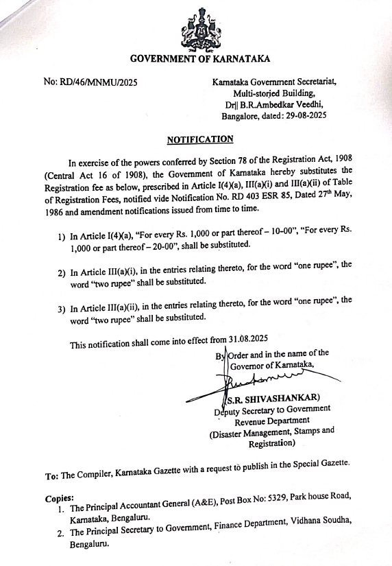 Karnataka Doubles Property Registration Fee from August 31; Real Estate, Property Owners Hit Hard 3 Karnataka Doubles Property Registration Fee from August 31; Real Estate, Property Owners Hit Hard