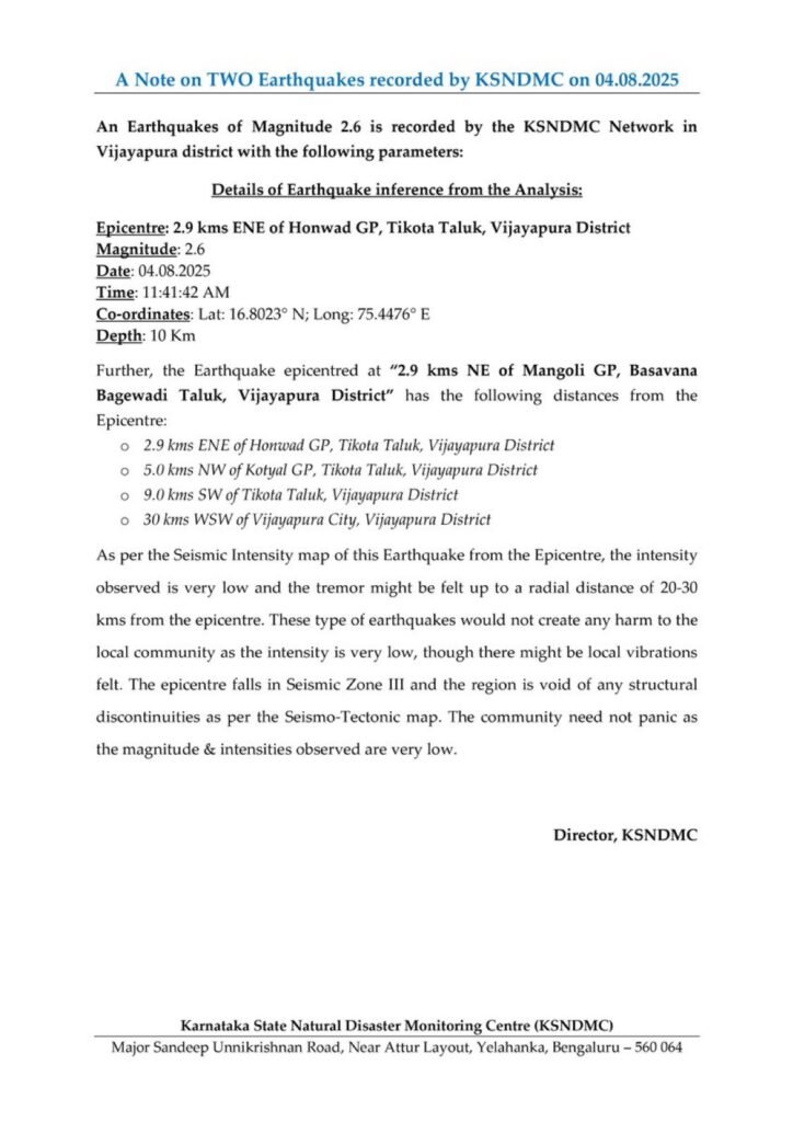 Mild Tremors of 2.6 Magnitude Rattle Vijayapura, No Damage Reported: KSNDMC 2 Mild Tremors of 2.6 Magnitude Rattle Vijayapura, No Damage Reported: KSNDMC