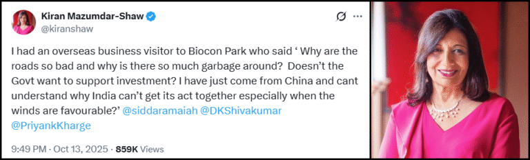 “Potholes, Patience, and Politics: Kiran Mazumdar-Shaw’s X post on Bengaluru Roads Sparks Congress–BJP War of Words”