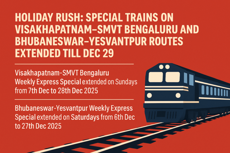 Holiday Rush: Special Trains on Visakhapatnam–SMVT Bengaluru and Bhubaneswar–Yesvantpur Routes Extended Till Dec 29