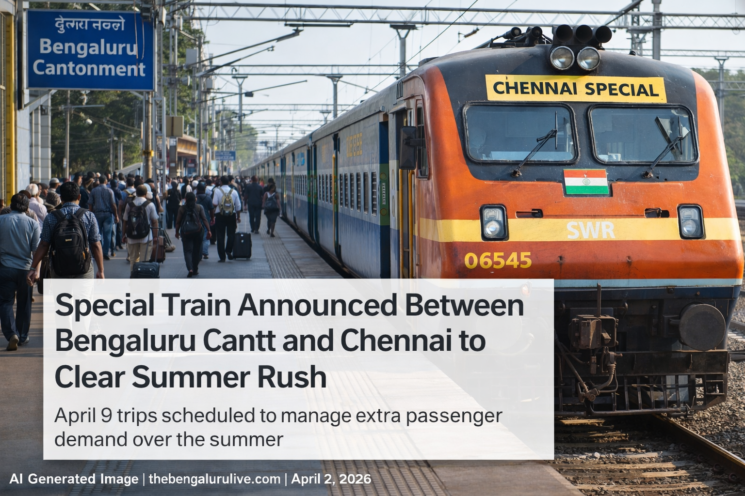 April 9 Special Train Announced Between Bengaluru Cantt and Chennai to Clear Summer Rush