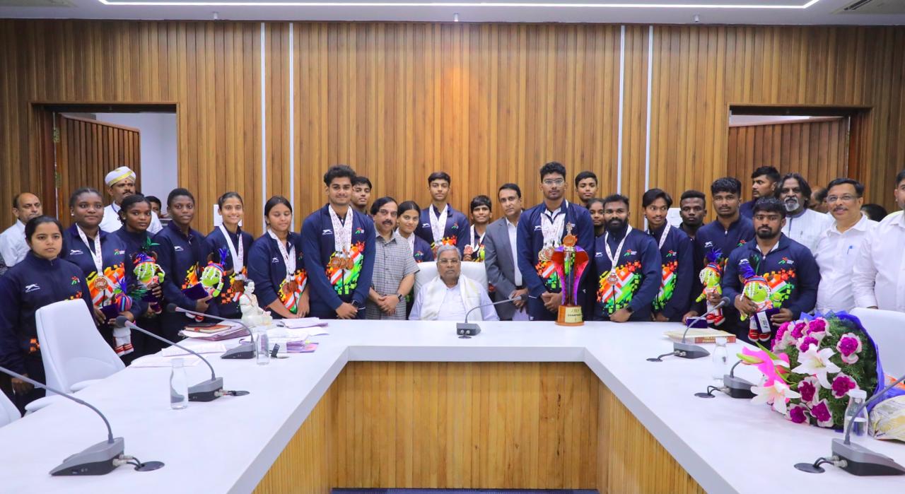 CM Siddaramaiah Felicitates Khelo India Tribal Games Medal Winners at Kaveri Residence