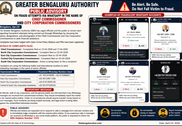 Bengaluru Fraud Alert: Scammers Impersonate Top Civic Officials on WhatsApp, GBA Issues Citywide Advisory